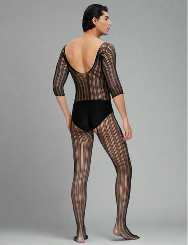 Black Striped Fishnet Bodystocking - Seductive Slopped Neck Crotchless Lingerie